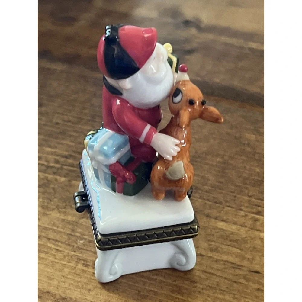 PHB Midwest of Cannon Falls Rudolph & Santa Porcelain Hinged Trinket Box 1999